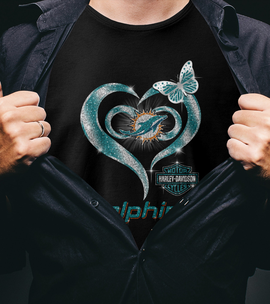 Miami Dolphins Heart With Harley Davidson Logo And Butterfly T-Shirt