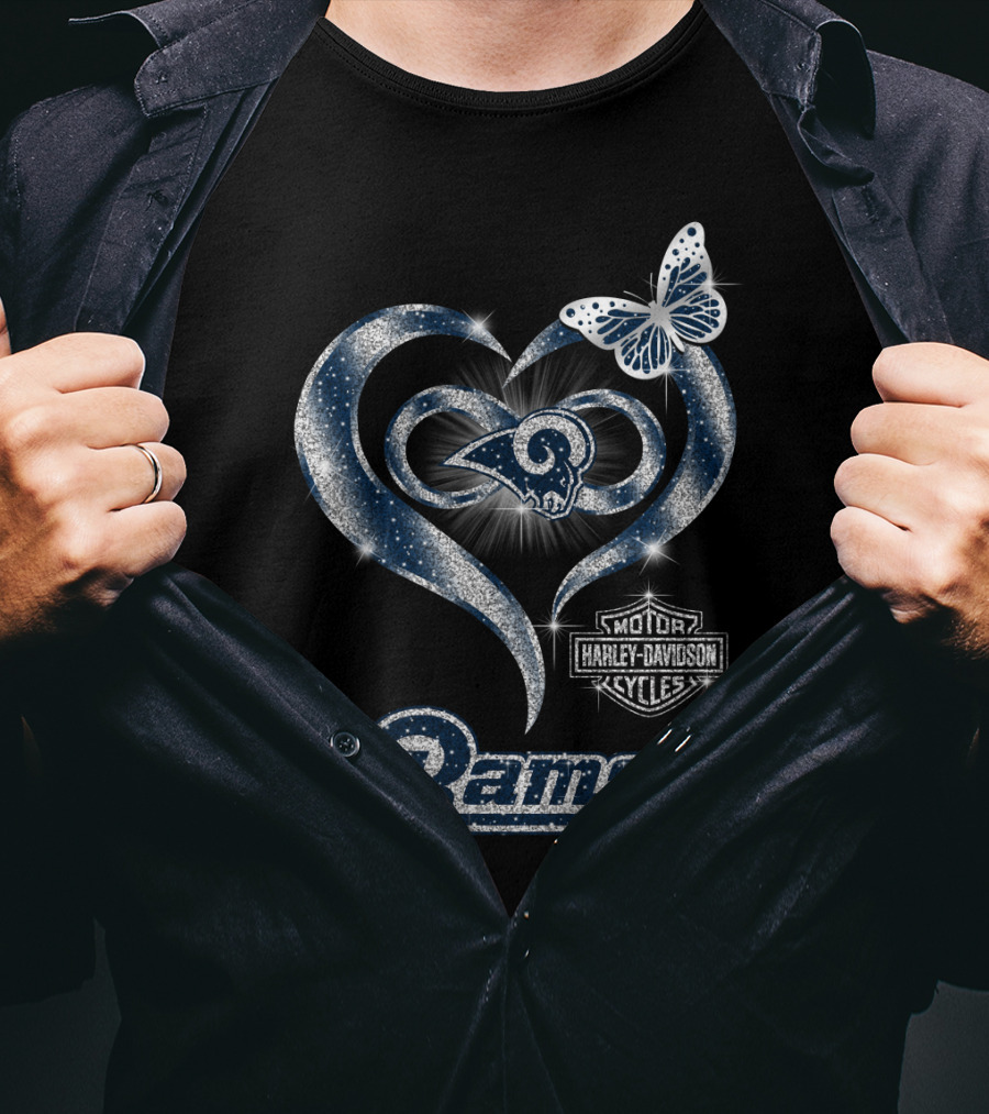 Los Angeles Rams Harley Davidson Heart Butterfly T-Shirt