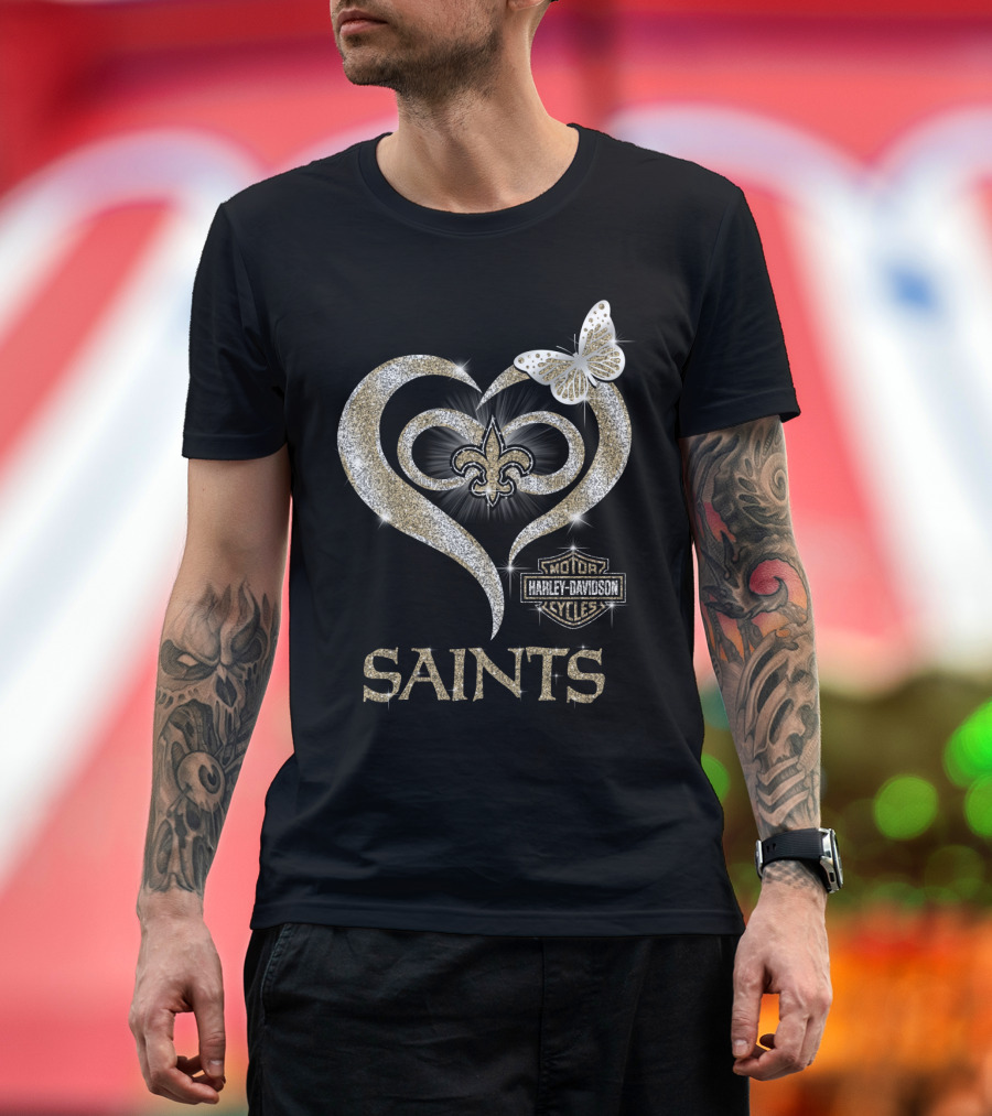 New Orleans Saints Harley Davidson Heart Fleur-De-Lis Butterfly T-Shirt