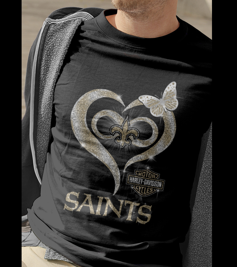 New Orleans Saints Harley Davidson Heart Fleur-De-Lis Butterfly T-Shirt