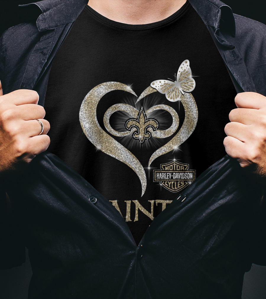 New Orleans Saints Harley Davidson Heart Fleur-De-Lis Butterfly T-Shirt