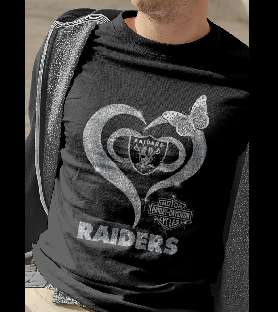 Hlh01 Raiders Harley Davidson Cycles Silver Butterfly Heart T-Shirt