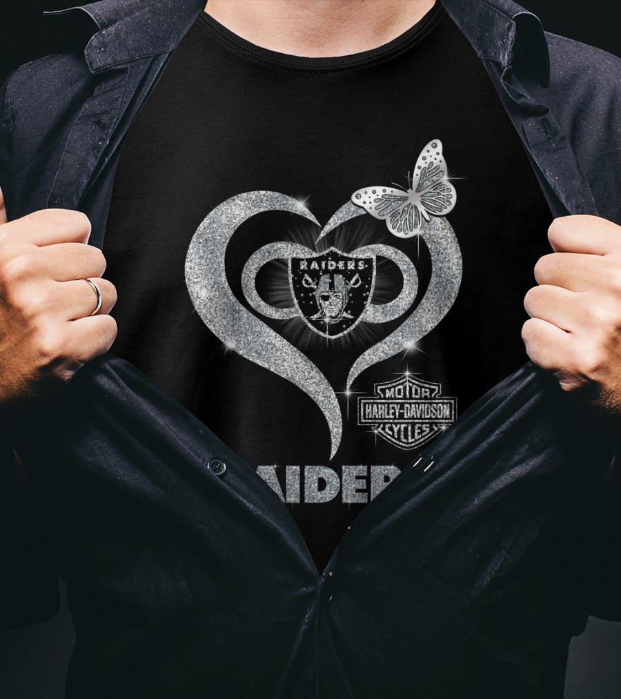 Hlh01 Raiders Harley Davidson Cycles Silver Butterfly Heart T-Shirt