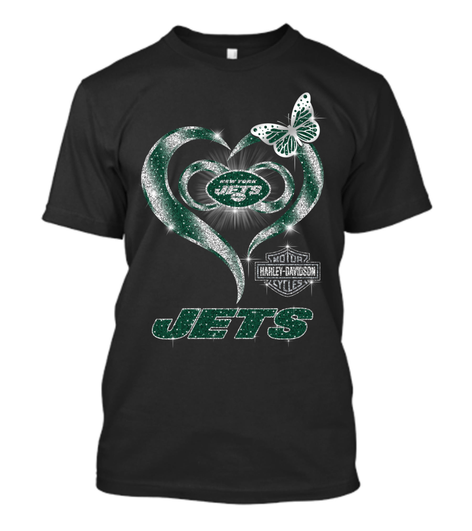 New York Jets Harley Davidson Heart And Butterfly Sparkle T-Shirt