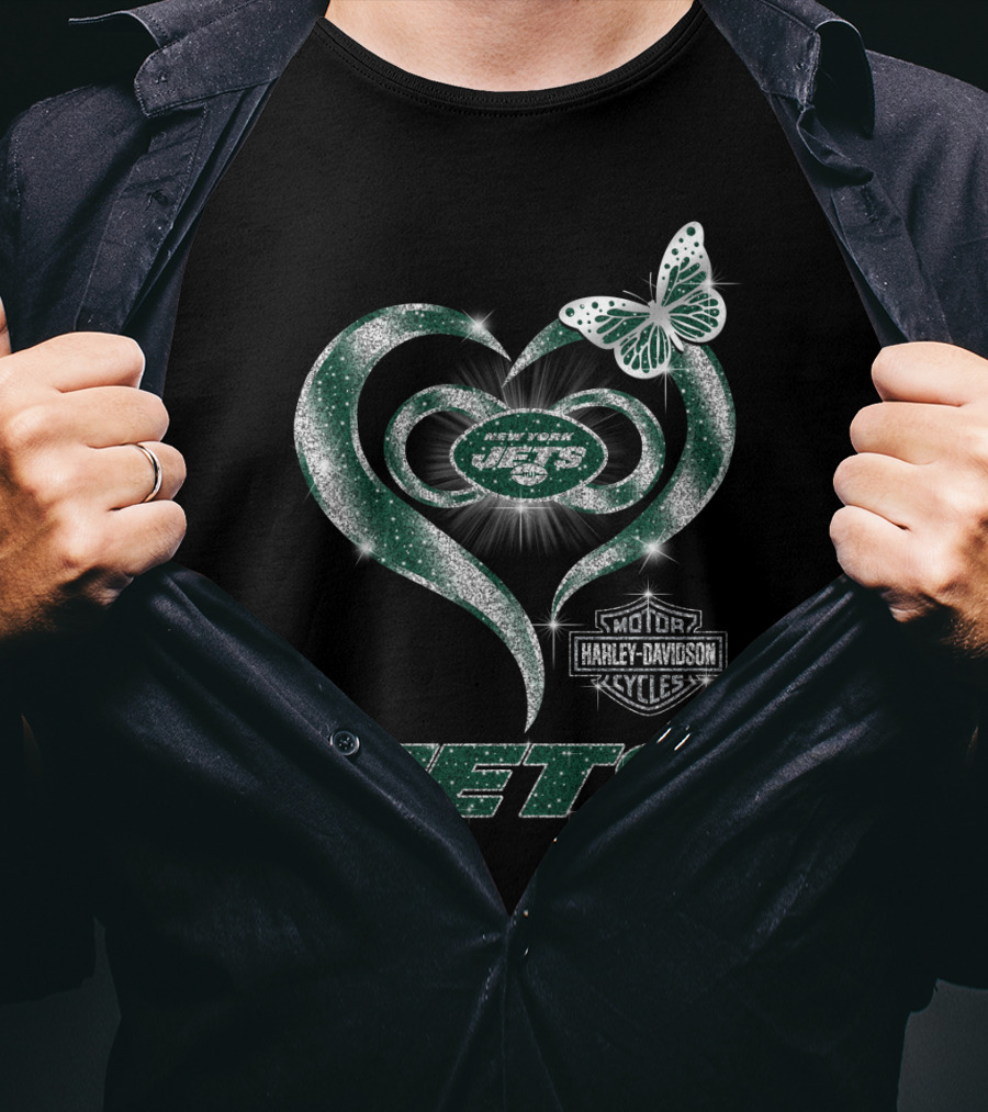 New York Jets Harley Davidson Heart And Butterfly Sparkle T-Shirt