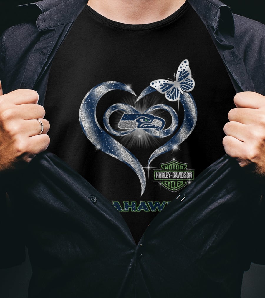 Seattle Seahawks Harley Davidson Heart Butterfly Sparkle T-Shirt