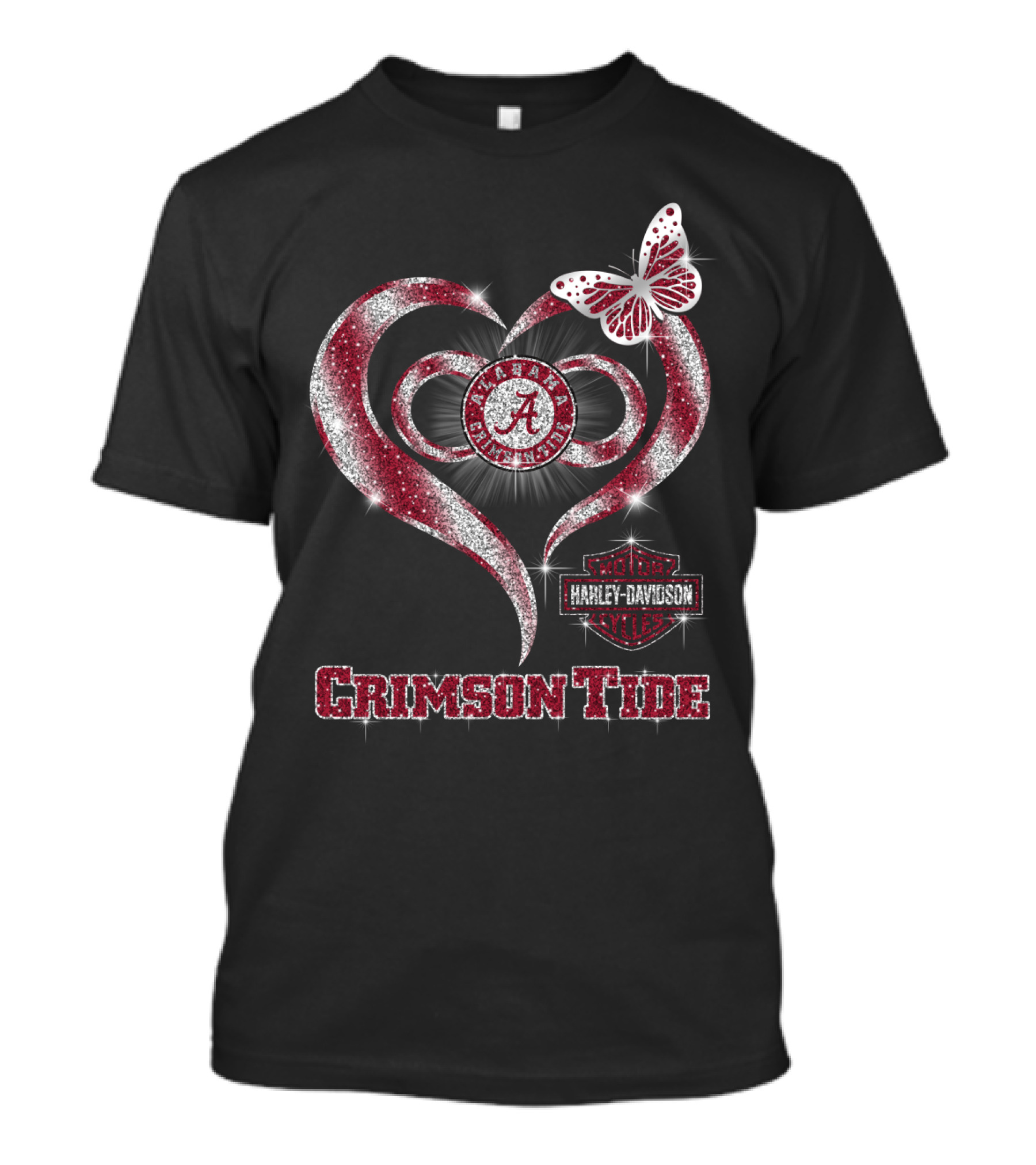 Alabama Crimson Tide Harley Davidson Heart With Butterfly Sparkle T-Shirt