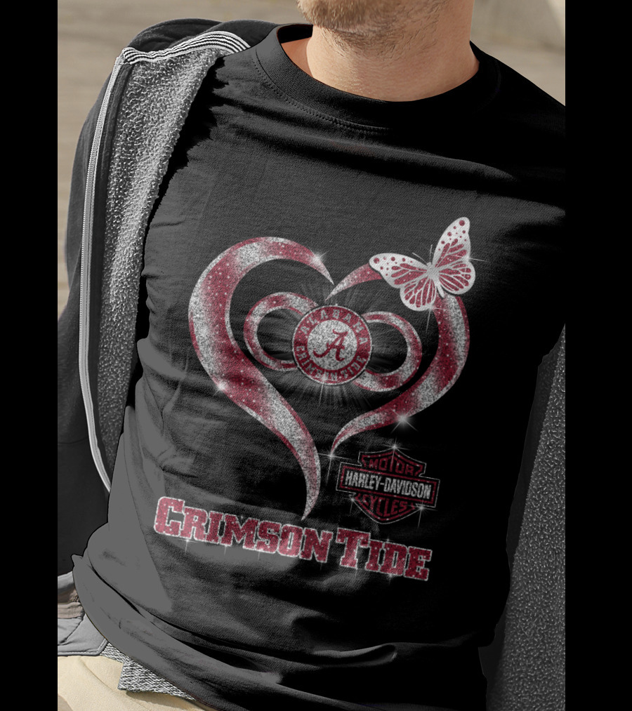Alabama Crimson Tide Harley Davidson Heart With Butterfly Sparkle T-Shirt