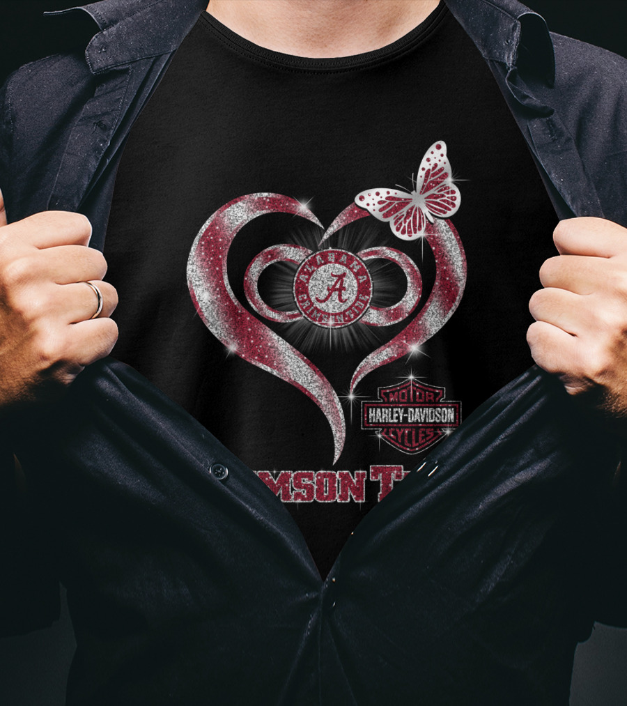 Alabama Crimson Tide Harley Davidson Heart With Butterfly Sparkle T-Shirt