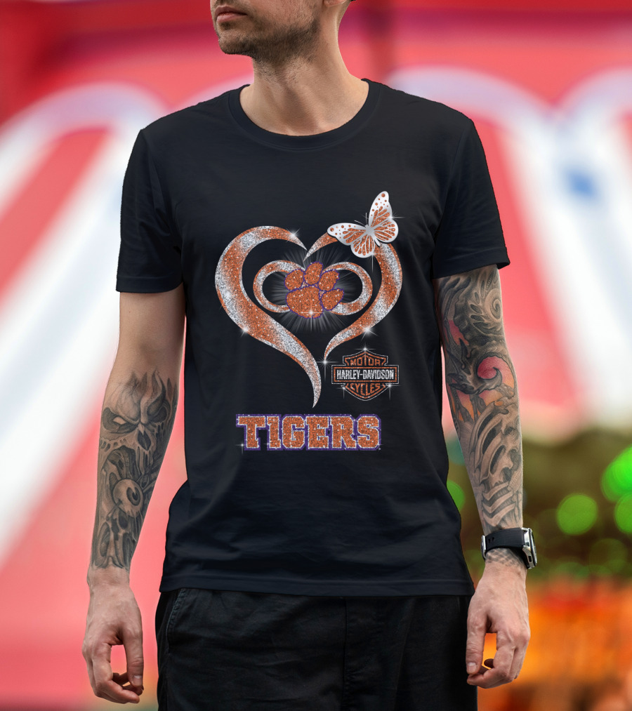 Clemson Tigers Harley Davidson Heart With Paw Print And Butterfly T-Shirt