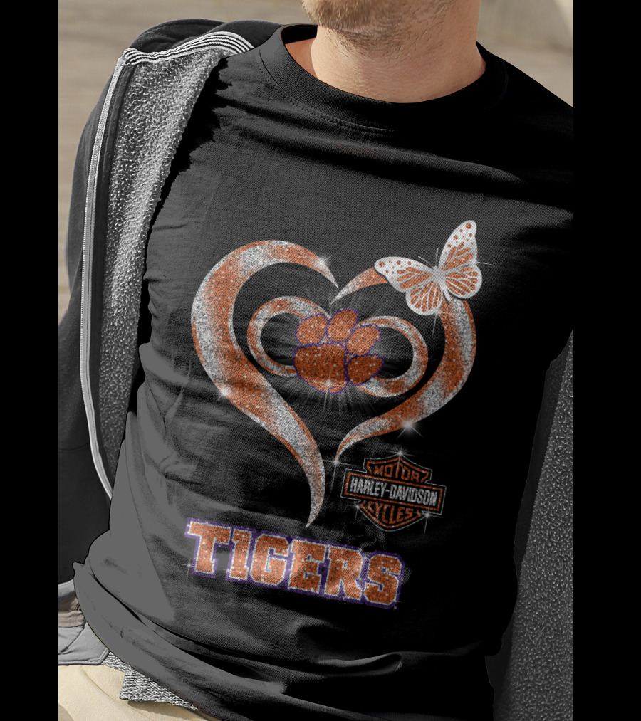 Clemson Tigers Harley Davidson Heart With Paw Print And Butterfly T-Shirt