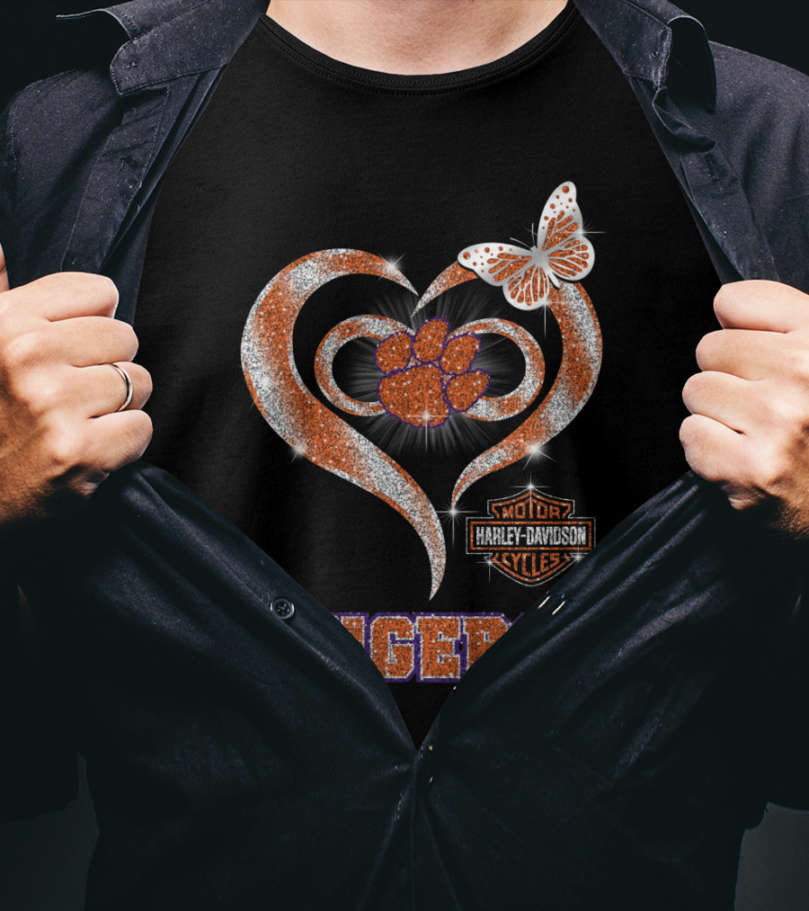 Clemson Tigers Harley Davidson Heart With Paw Print And Butterfly T-Shirt