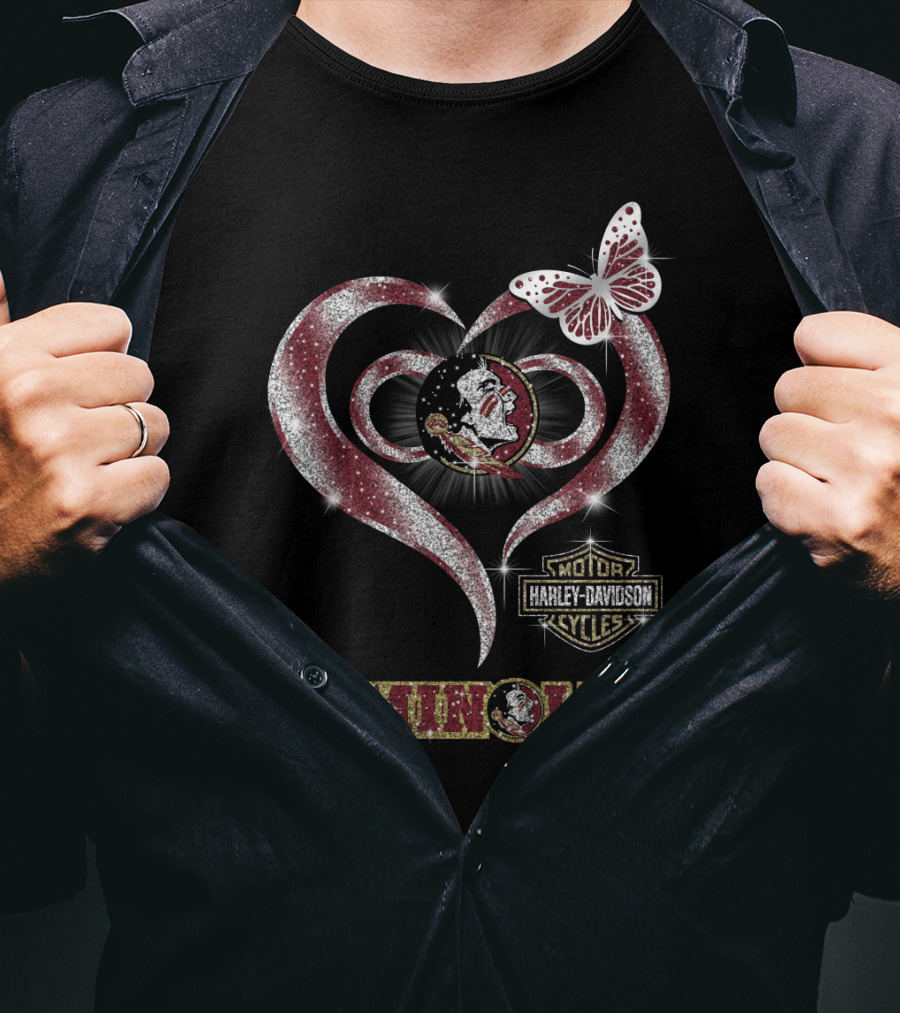 Seminoles Heart With Harley Davidson And Butterfly Motif T-Shirt