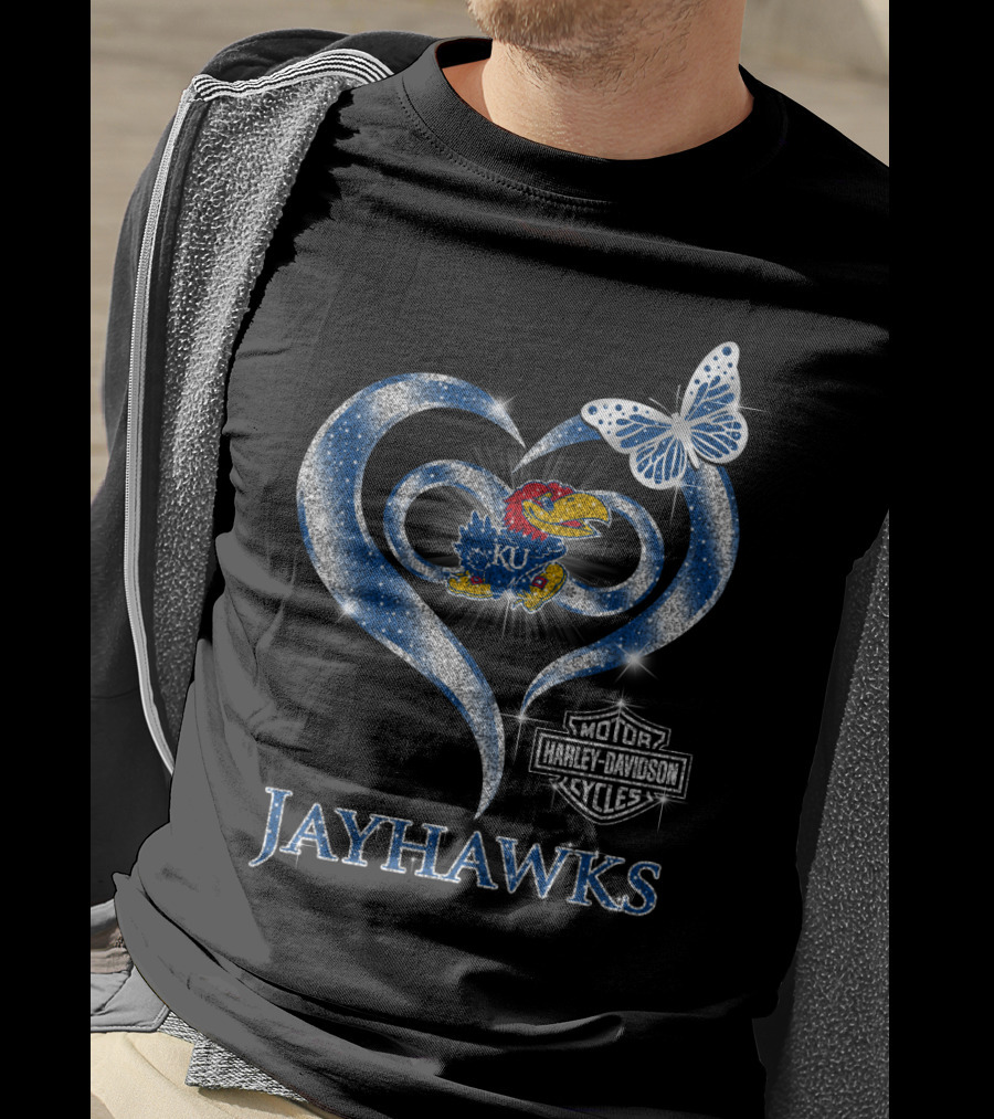 Ku Kansas Jayhawks Harley Davidson Heart Butterfly T-Shirt