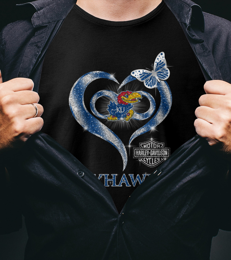 Ku Kansas Jayhawks Harley Davidson Heart Butterfly T-Shirt