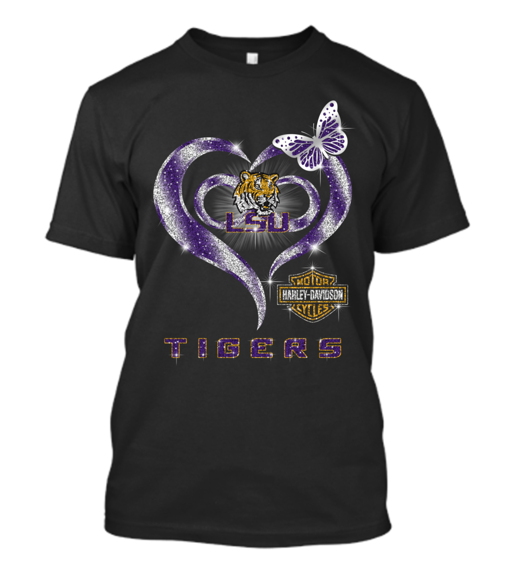 Lsu Tigers Harley Davidson Heart Butterfly T-Shirt