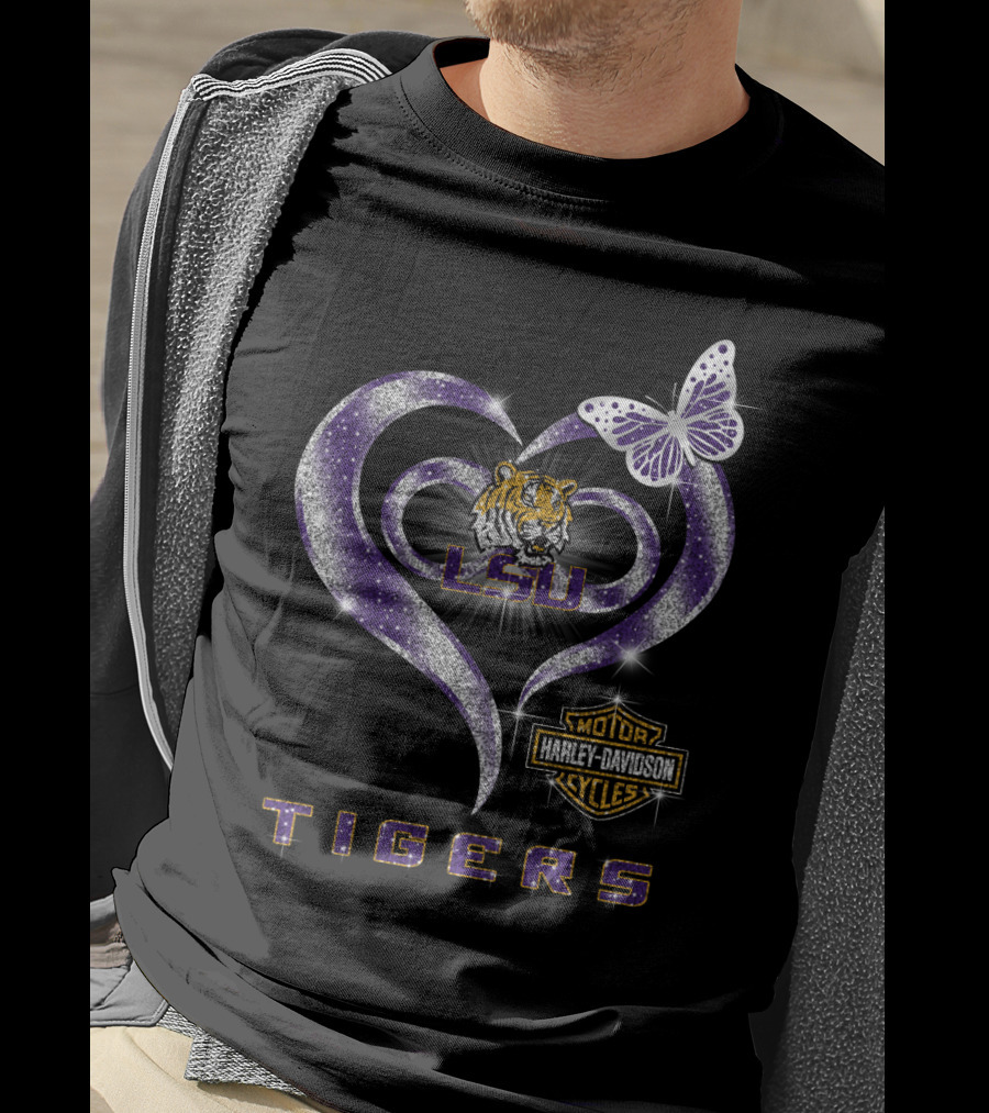 Lsu Tigers Harley Davidson Heart Butterfly T-Shirt