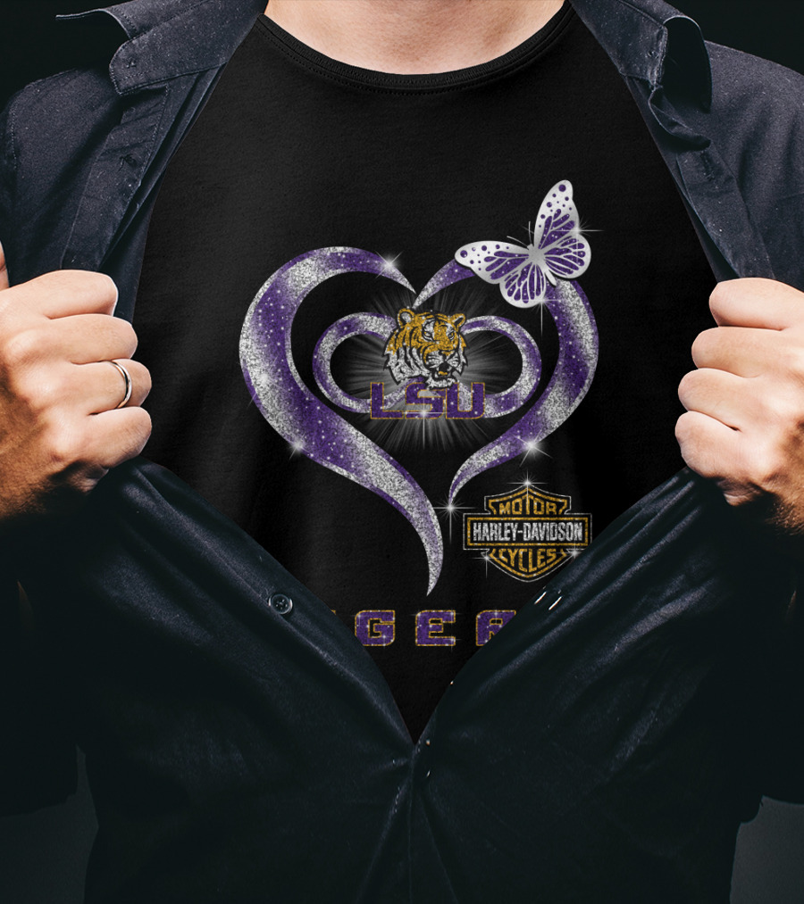 Lsu Tigers Harley Davidson Heart Butterfly T-Shirt