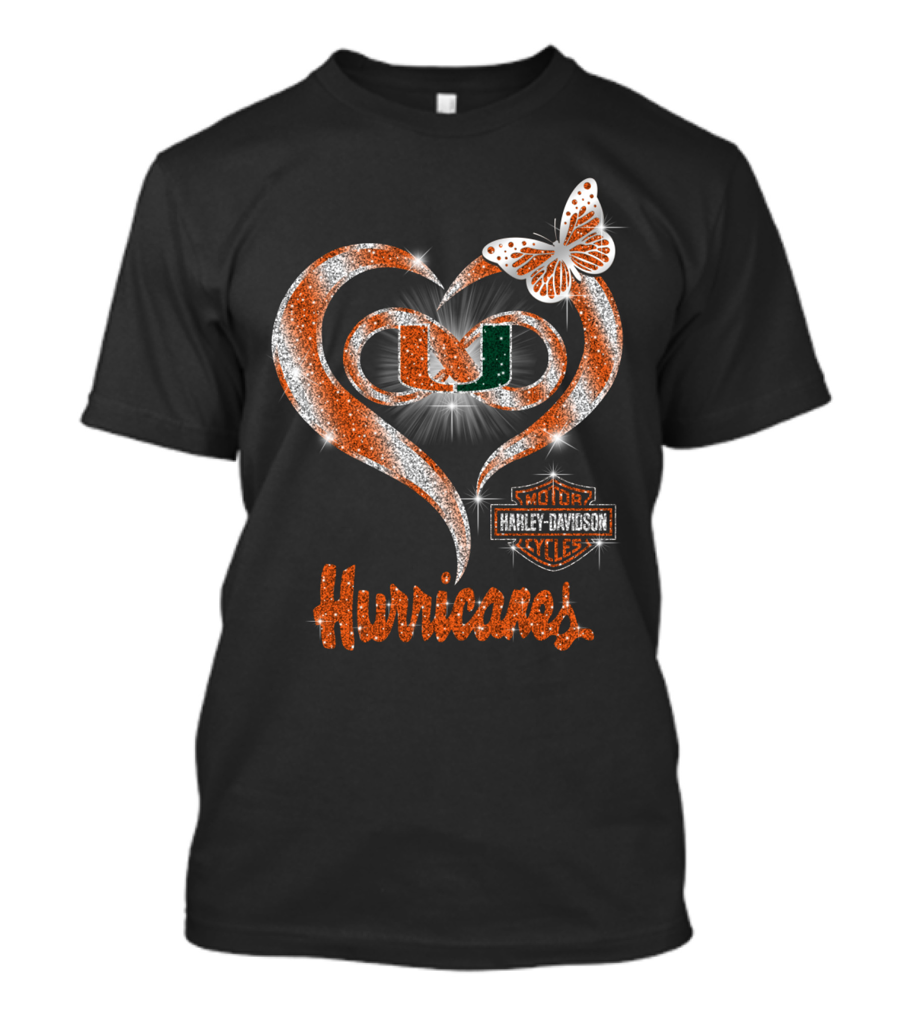 Miami Hurricanes U Heart Harley Davidson Butterfly Sparkle T-Shirt
