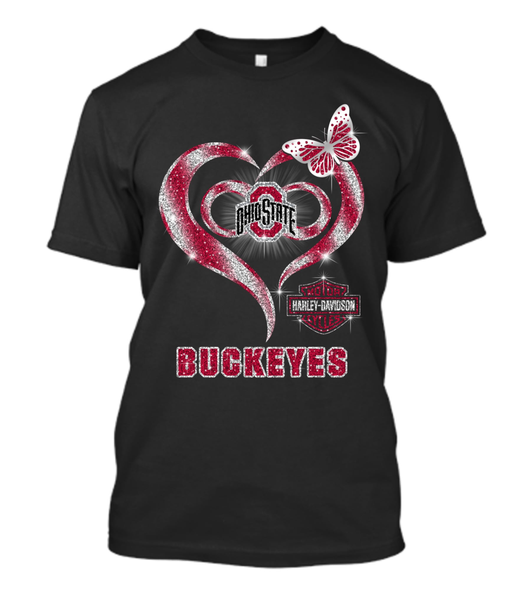 Ohio State Buckeyes Harley Davidson Heart Butterfly T-Shirt