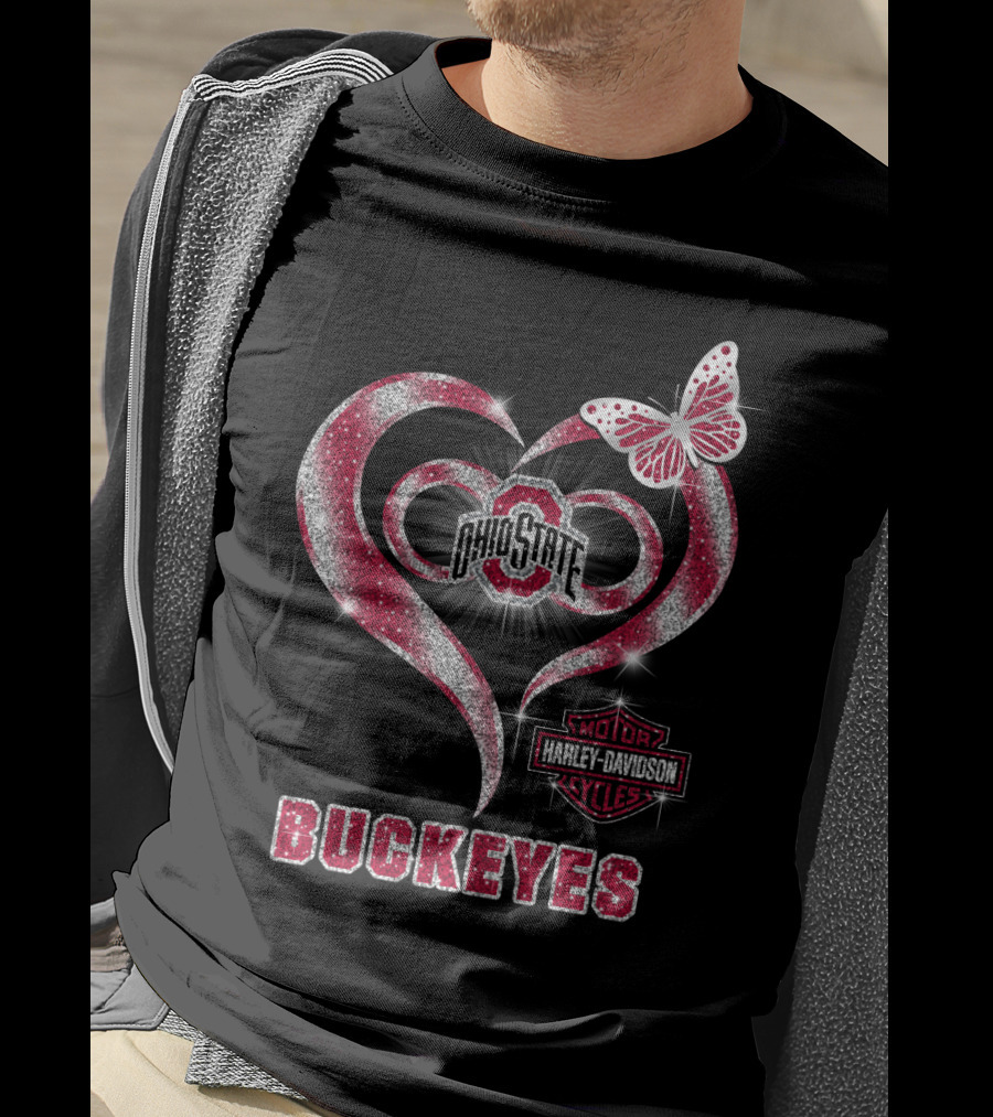 Ohio State Buckeyes Harley Davidson Heart Butterfly T-Shirt