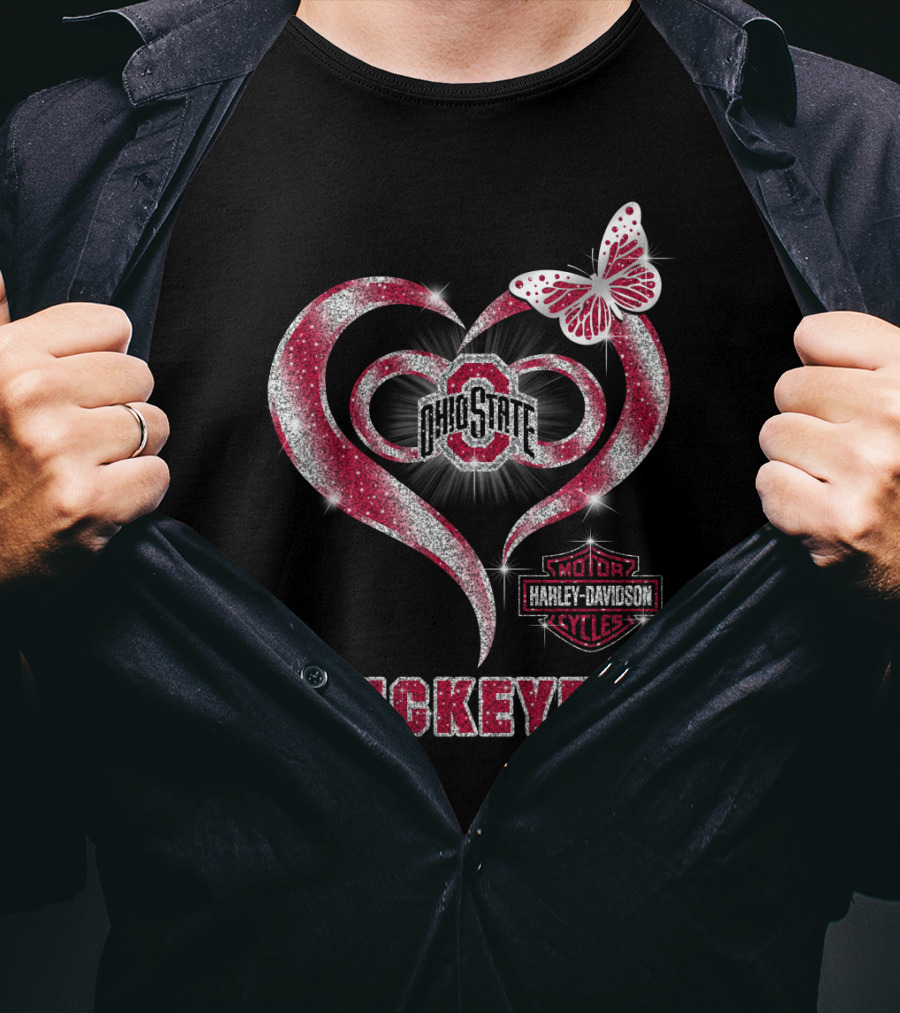 Ohio State Buckeyes Harley Davidson Heart Butterfly T-Shirt