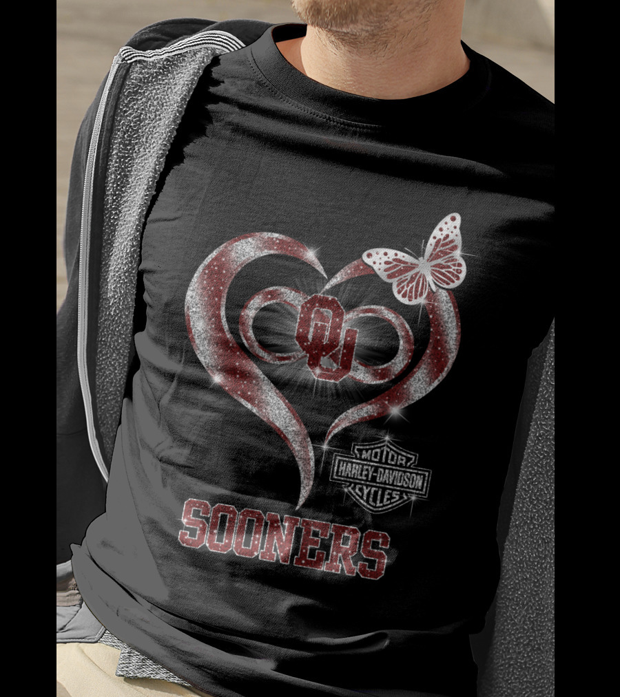 Ou Sooners Harley Davidson Heart Butterfly T-Shirt
