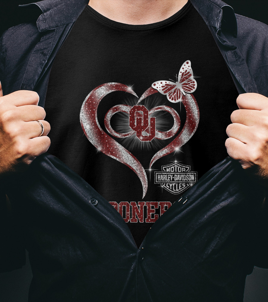 Ou Sooners Harley Davidson Heart Butterfly T-Shirt