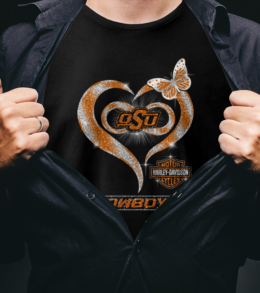 Osu Cowboys Heart Harley Davidson Sparkle Butterfly T-Shirt