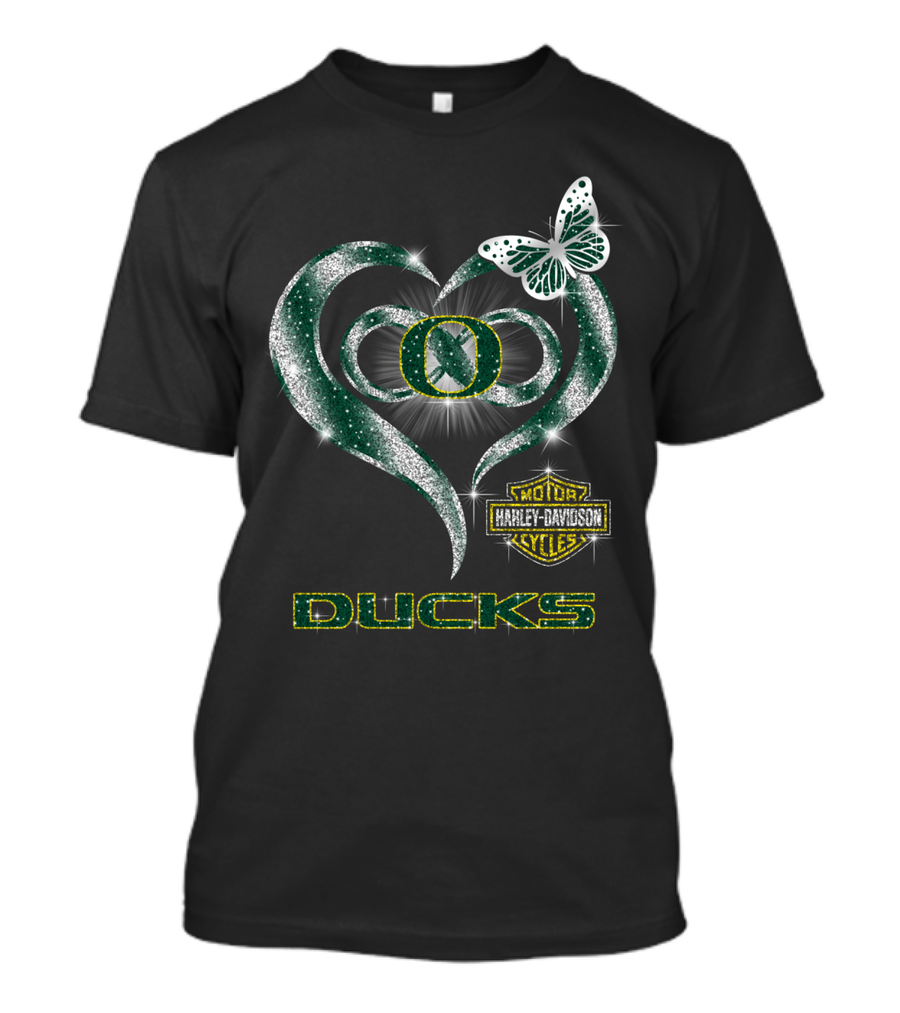 Hlh01 Oregon Ducks Harley Davidson Heart Butterfly T-Shirt