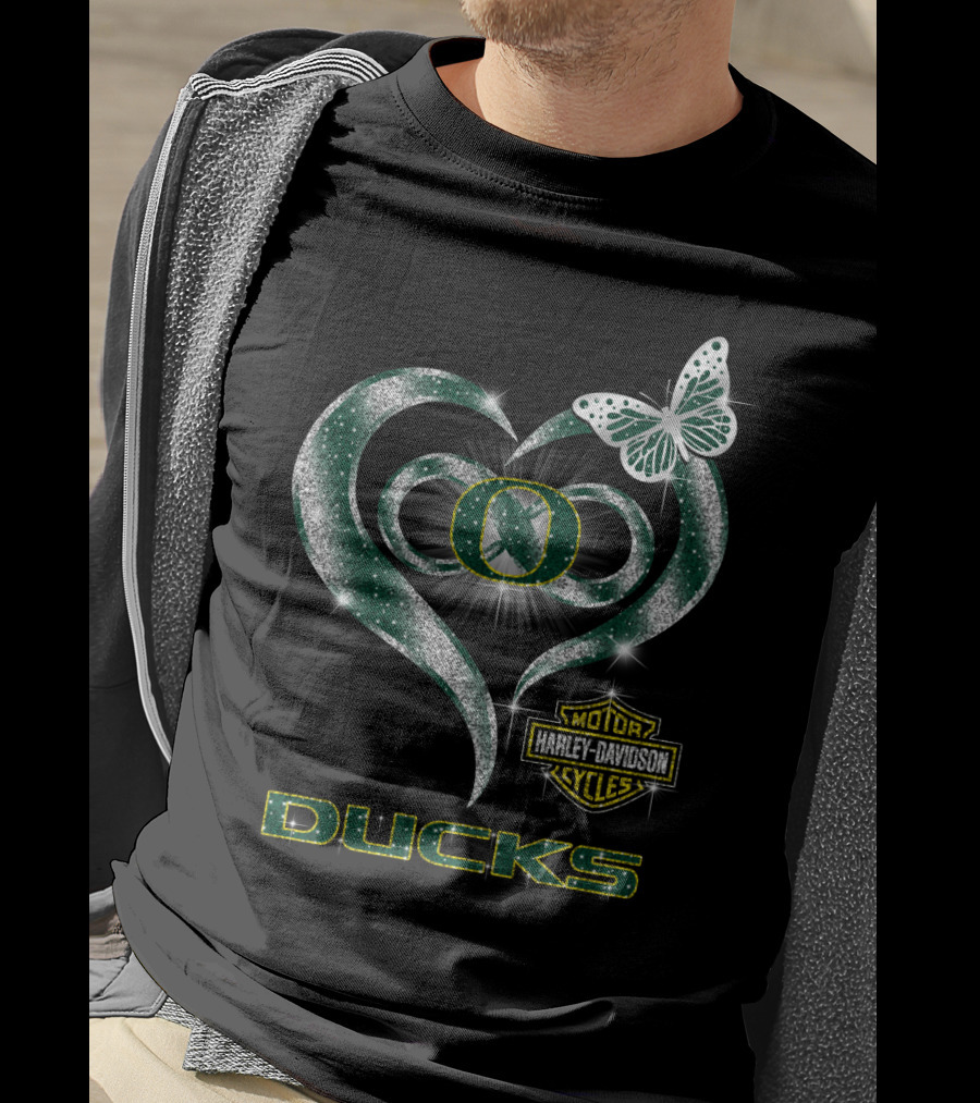 Hlh01 Oregon Ducks Harley Davidson Heart Butterfly T-Shirt