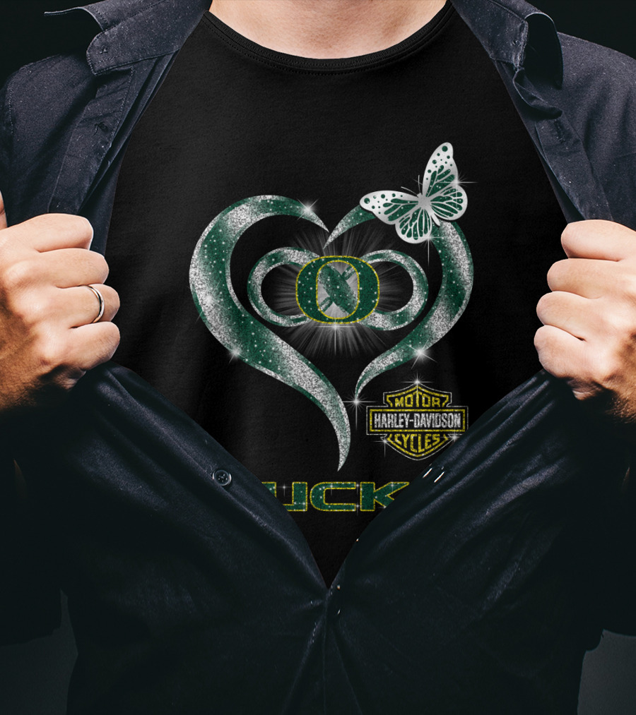 Hlh01 Oregon Ducks Harley Davidson Heart Butterfly T-Shirt
