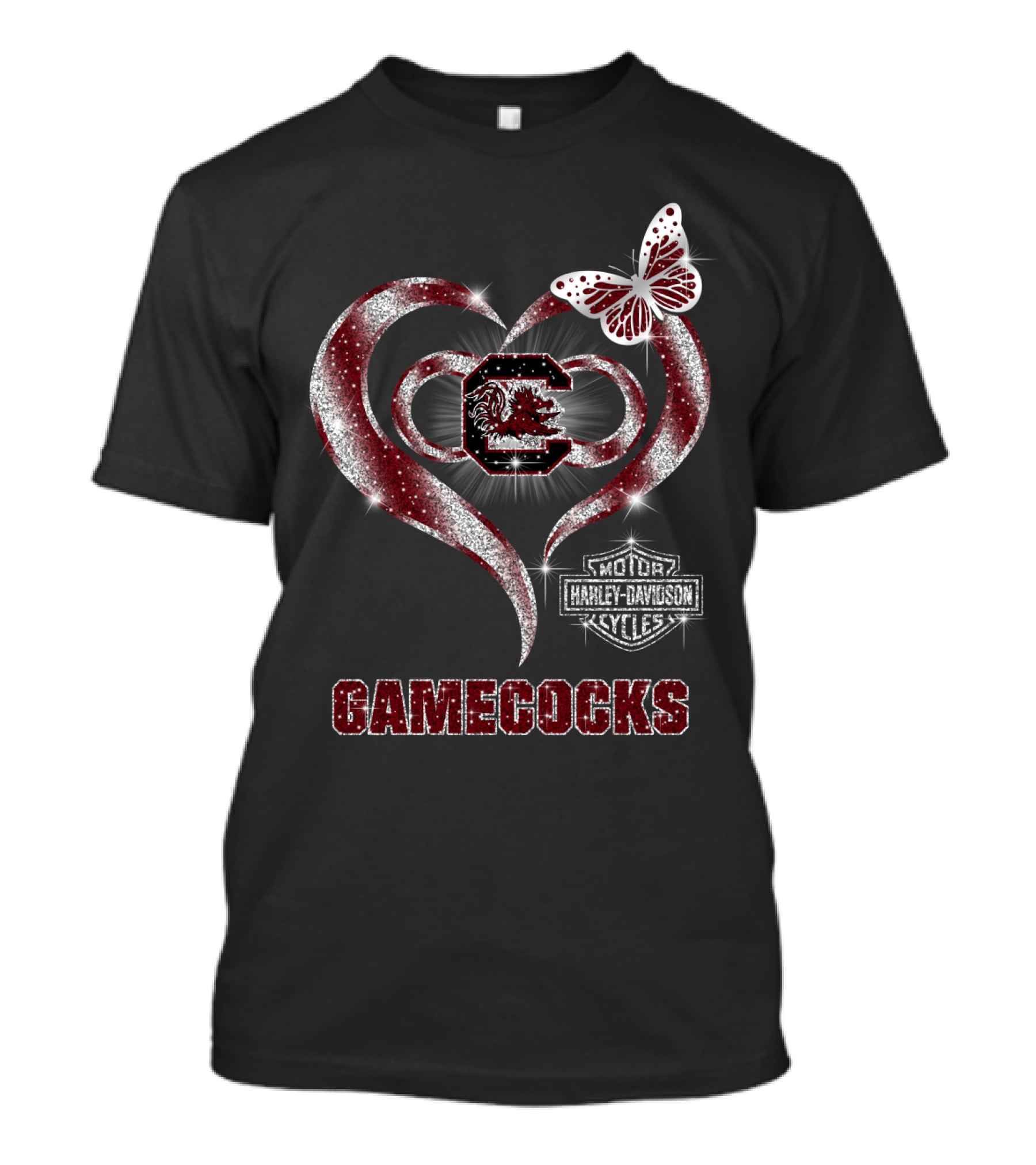 Harley Davidson Gamecocks Heart Butterfly Logo South Carolina T-Shirt
