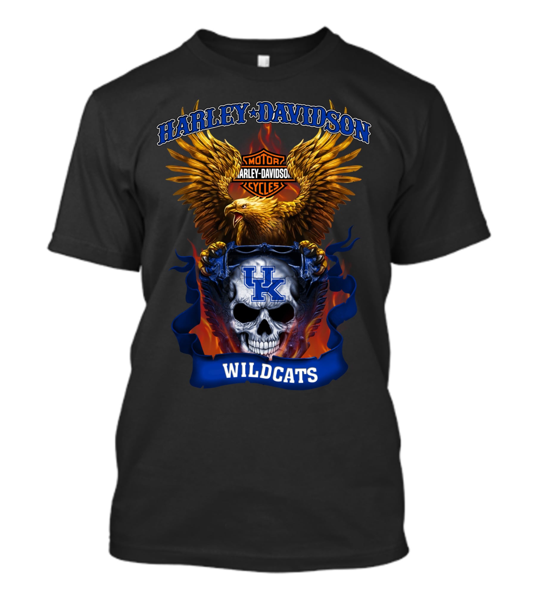 Harley Davidson Motor Cycles Kentucky Wildcats Skull Eagle Flames T-Shirt