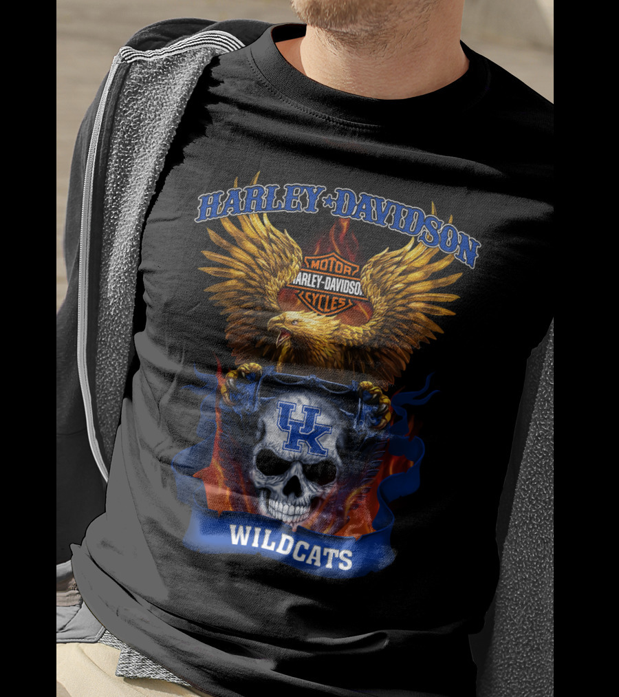 Harley Davidson Motor Cycles Kentucky Wildcats Skull Eagle Flames T-Shirt