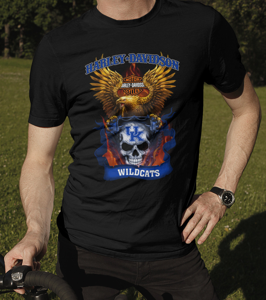 Harley Davidson Motor Cycles Kentucky Wildcats Skull Eagle Flames T-Shirt