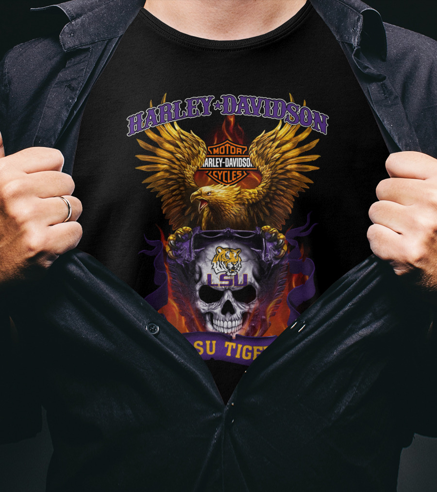 Harley Davidson Lsu Tigers Skull Eagle Motorcycles T-Shirt