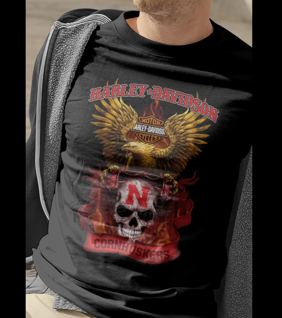 Harley Davidson Cornhuskers Nebraska Motorcycle Skull Eagle T-Shirt