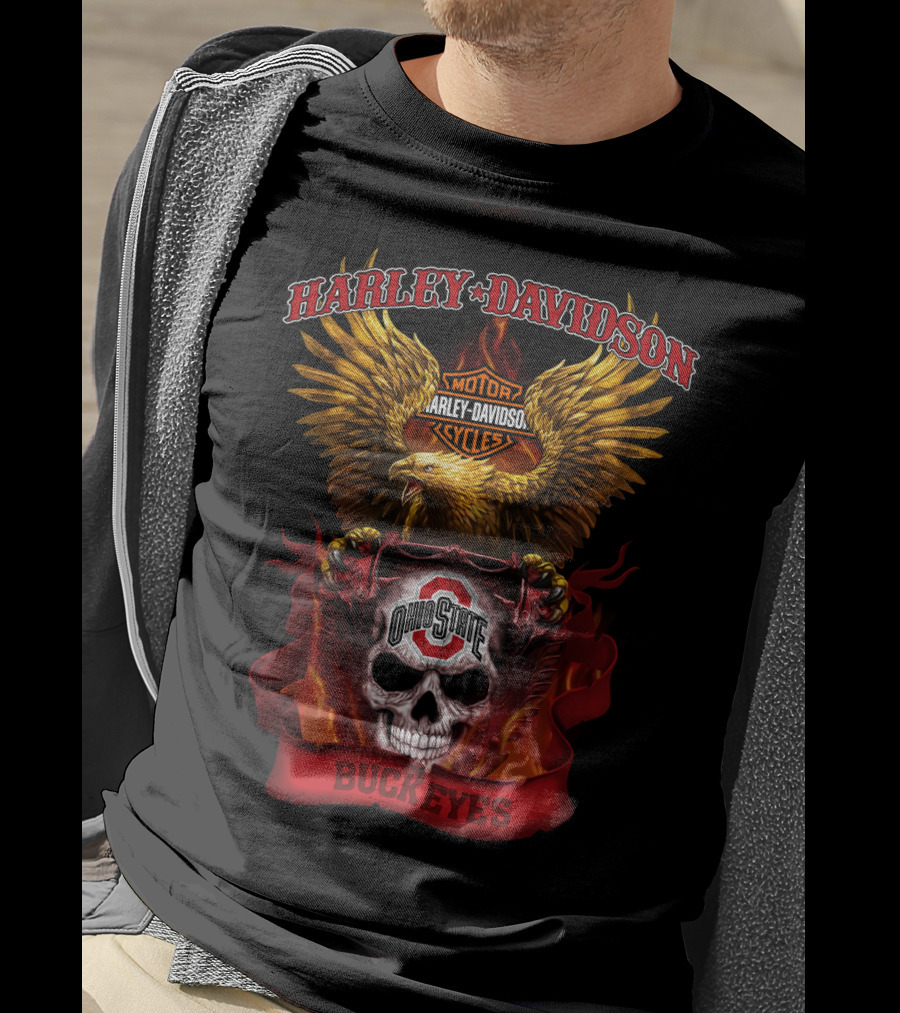 Harley Davidson Ohio State Buckeyes Skull And Eagle Motif T-Shirt