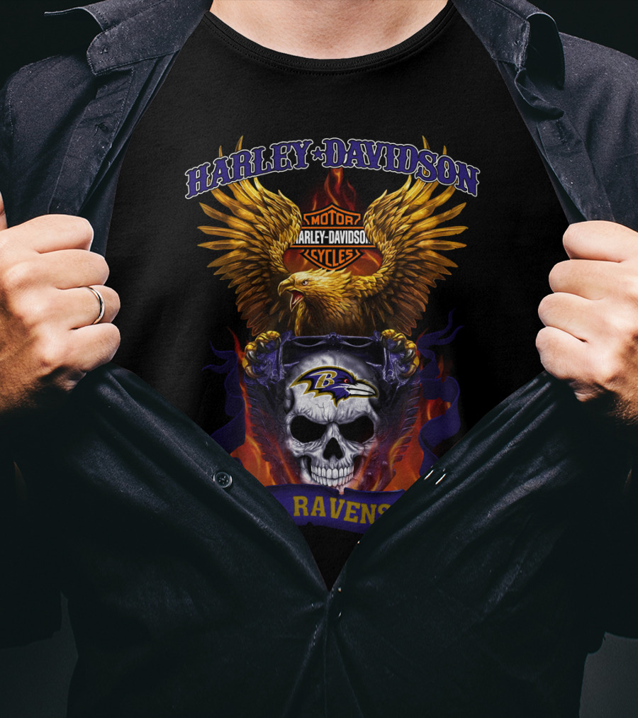 Harley Davidson Motorcycles Baltimore Ravens Eagles Skull T-Shirt