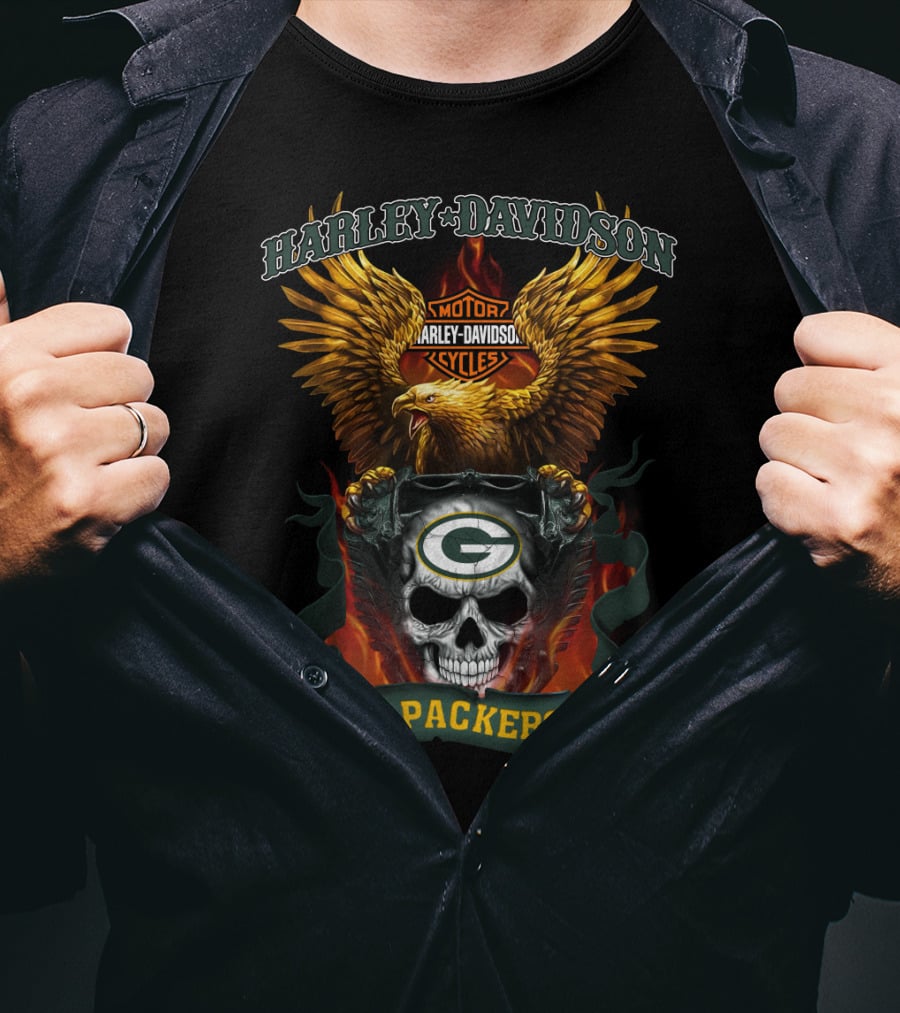 Harley Davidson Motorcycles Green Bay Packers Eagle Skull T-Shirt