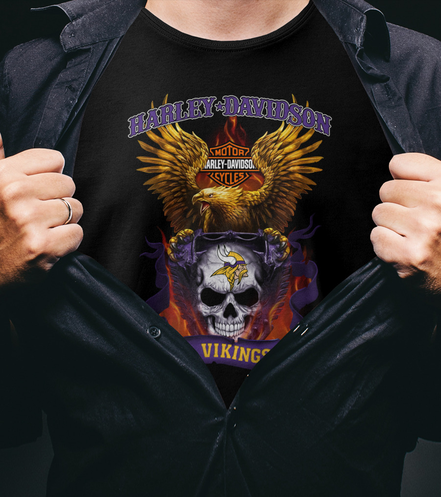 Harley Davidson Motor Cycles Vikings Skull Eagle T-Shirt