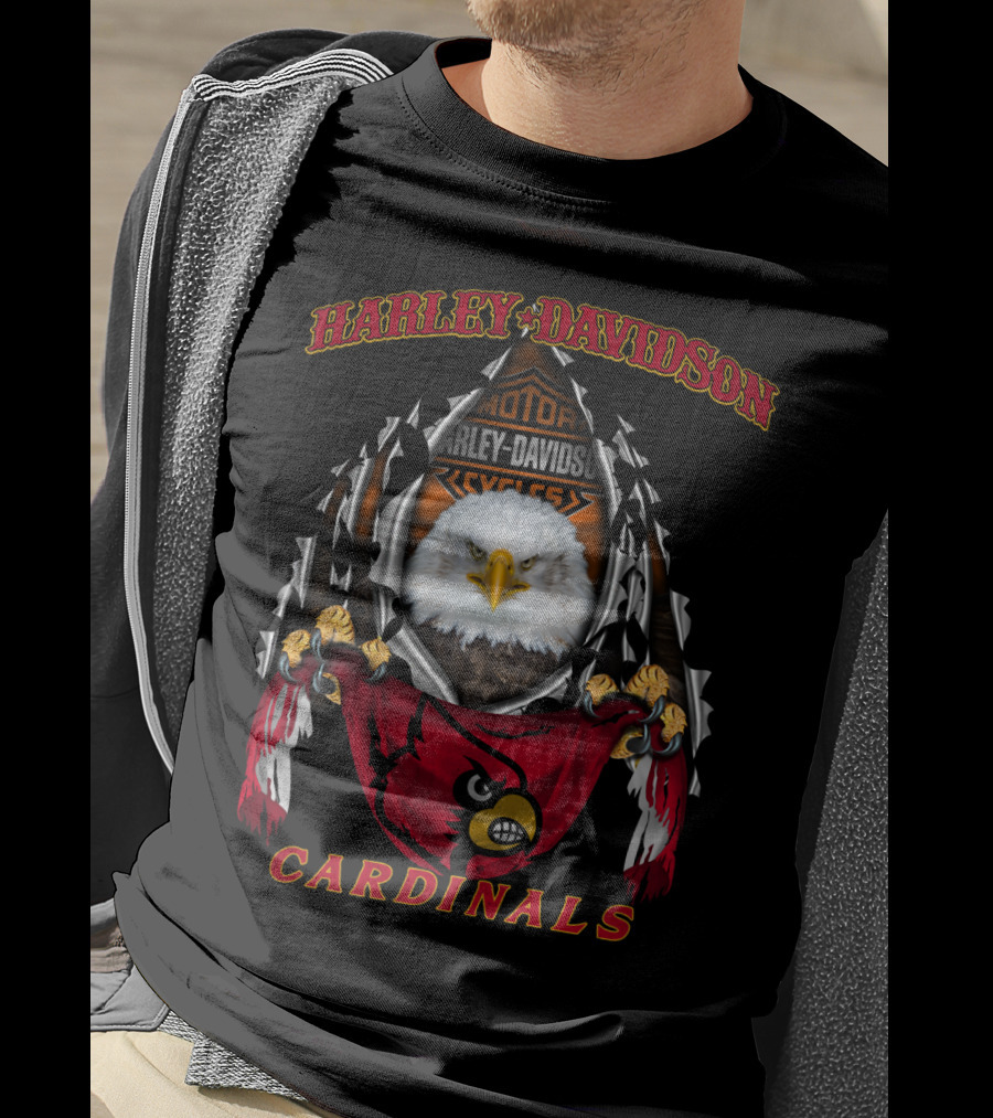 Harley Davidson Ncaa Louisville Cardinals Motor Cycles Eagle Red Sleeve T-Shirt