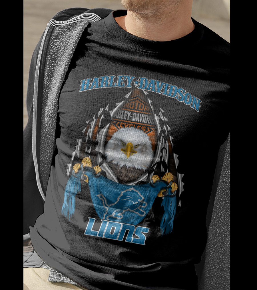 Harley Davidson Motor Cycles Eagle Detroit Lions T-Shirt