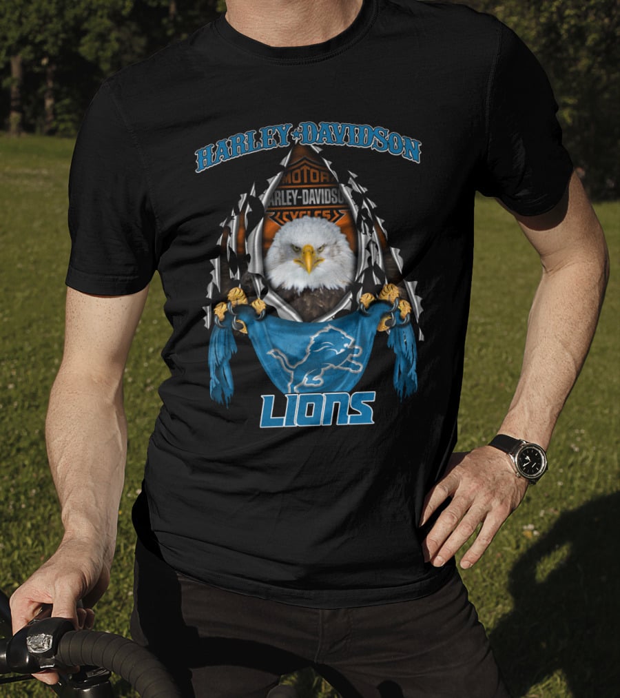 Harley Davidson Motor Cycles Eagle Detroit Lions T-Shirt