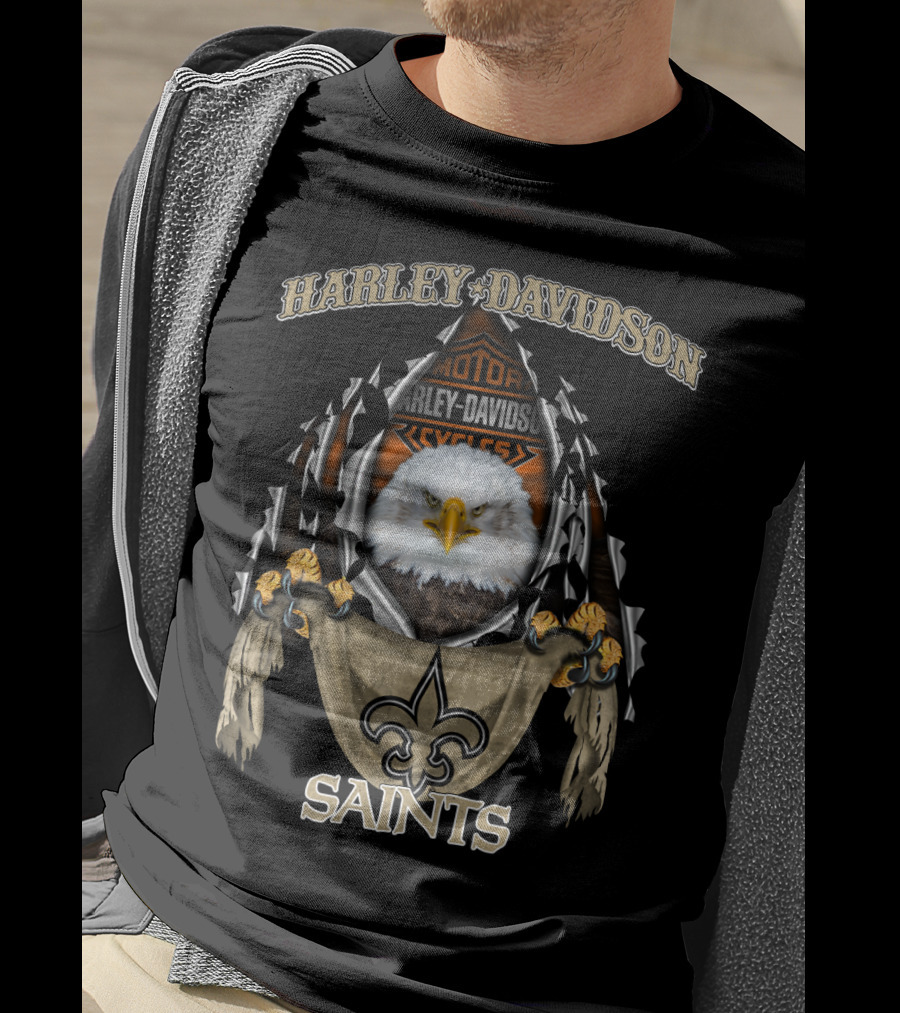 Harley Davidson Saints Fleur-De-Lis With Eagle And Motorcycle T-Shirt
