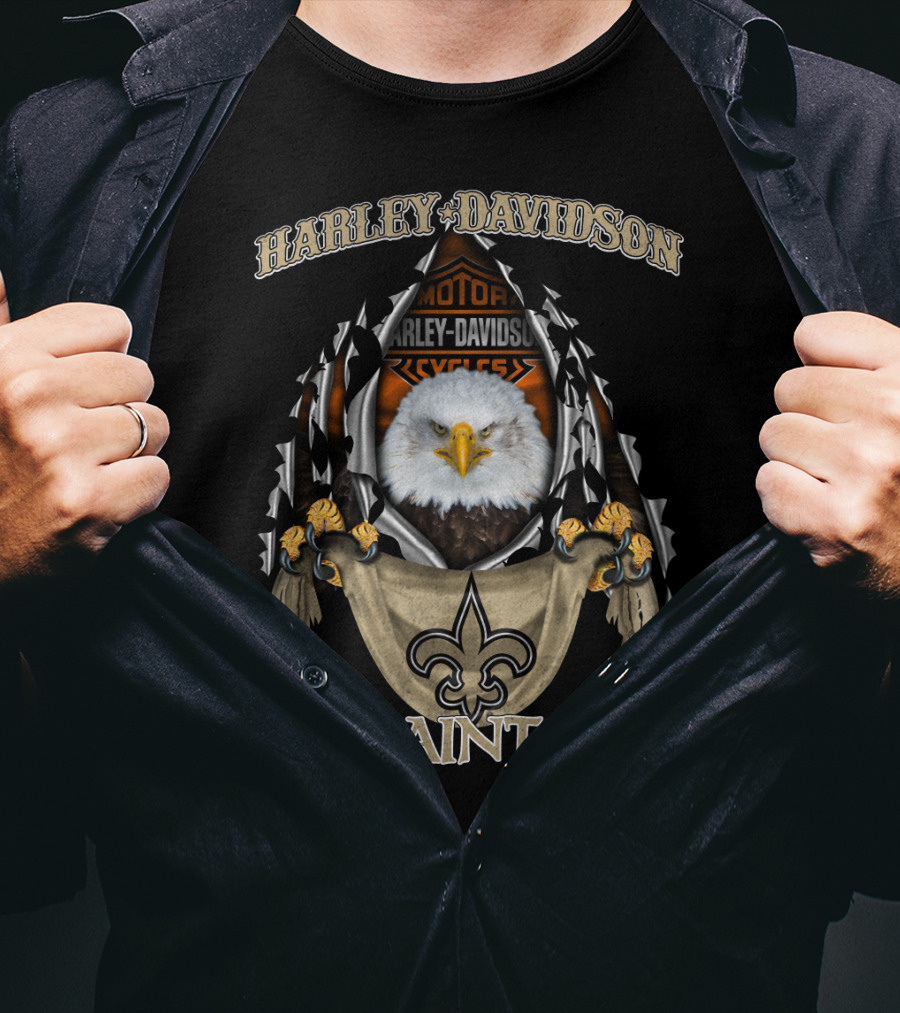 Harley Davidson Saints Fleur-De-Lis With Eagle And Motorcycle T-Shirt