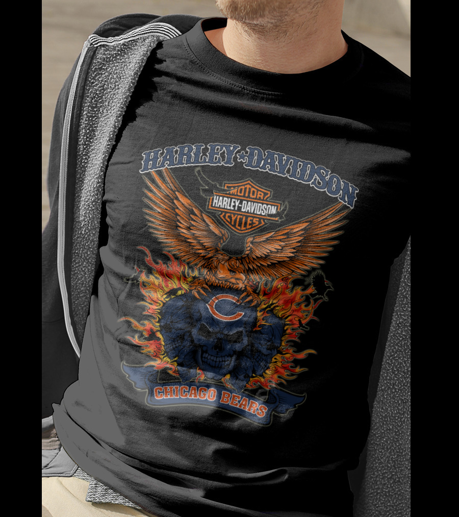Harley Davidson Motor Cycles Chicago Bears Flame Skull T-Shirt
