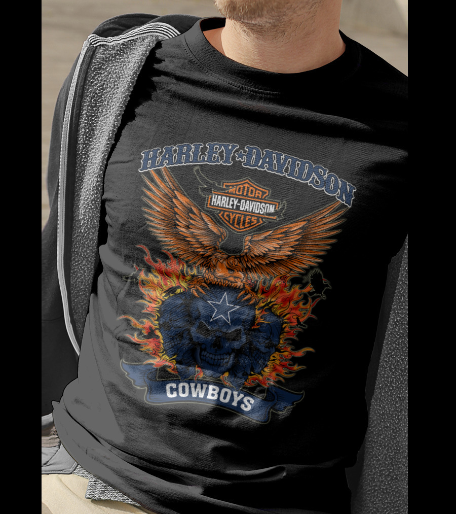 Harley Davidson Motorcycles Cowboys Skull Flames Eagle T-Shirt