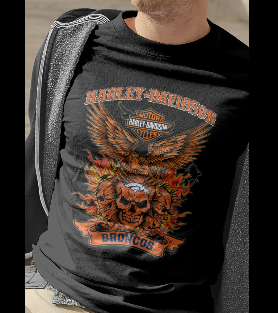 Harley Davidson Broncos Skull Flame T-Shirt